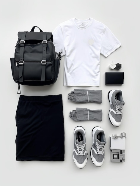una collezione di scarpe sportive, uno zaino nero e una camicia bianca.