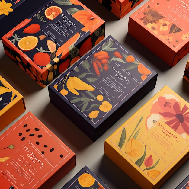 una collezione di scatole con sopra le parole "tè".