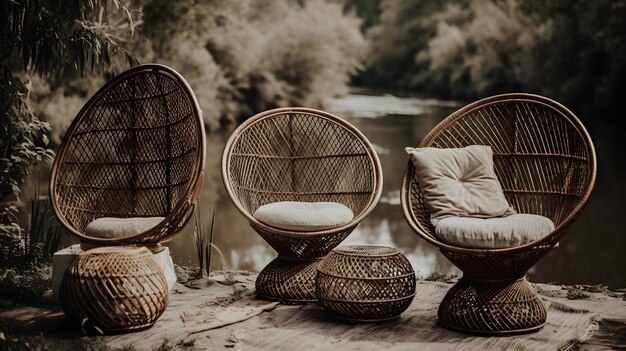 Una collezione di sedie in vimini su un ponte in riva a un lago