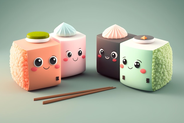 Una collezione di sushi e sushi con un personaggio dei cartoni animati