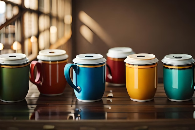una collezione di tazze colorate con sopra la scritta "caffè".