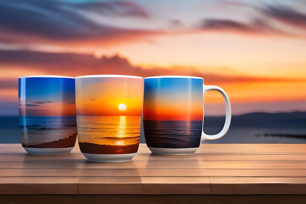 Una collezione di tazze con un tramonto dipinto su di esse realistico