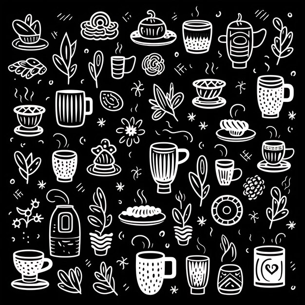 una collezione di tazze da caffè e uno sfondo nero con un disegno di fiori e una tazza di caffè.