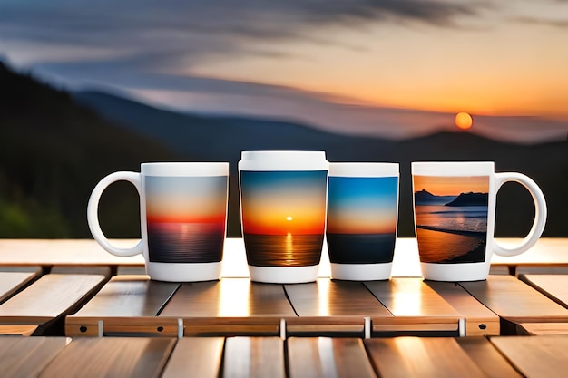 Una collezione di tazze su cui è dipinto un tramonto realistico
