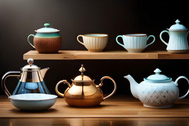 una collezione di teiere e teiere su uno scaffale.