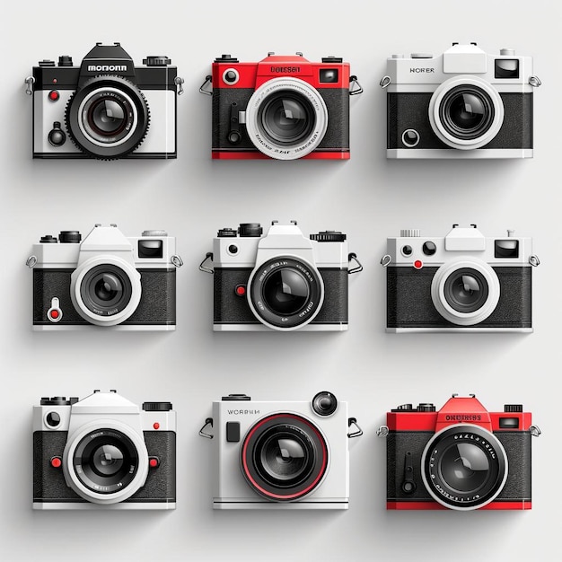 una collezione di telecamere con le strisce rosse e nere