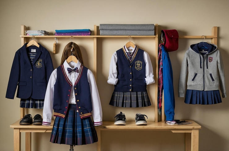Foto una collezione di uniformi scolastiche e giacche sono su uno scaffale