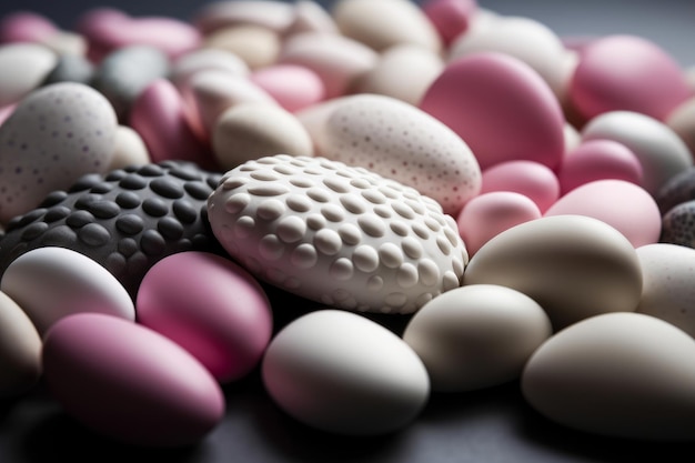 Una collezione di uova di cioccolato con uno sfondo rosa