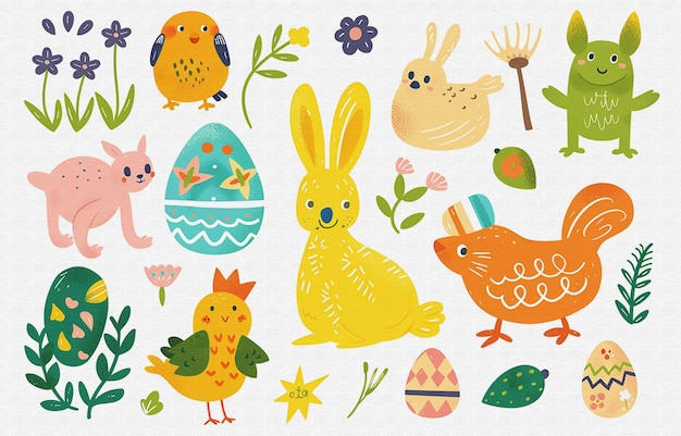 una collezione di uova di Pasqua colorate e un coniglietto