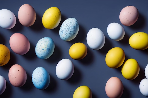 Una collezione di uova di pasqua colorate su sfondo blu