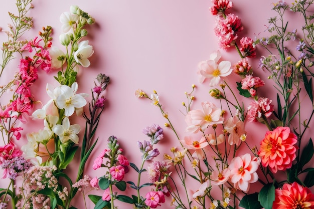 Una collezione di vari fiori vivaci disposti accuratamente su una superficie rosa liscia