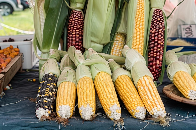 Una collezione di varietà di mais fresche in un mercato agricolo che mostra diversi colori e dimensioni