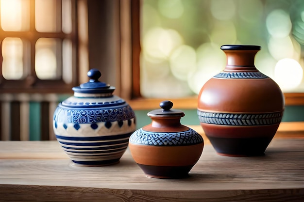 una collezione di vasi di ceramica su un tavolo con una finestra dietro di loro.