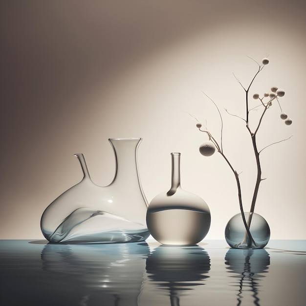 Una collezione di vasi in vetro con un ramo e un fiore sul tavolo.