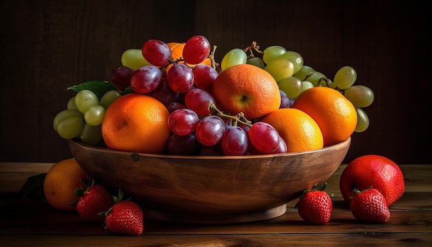 Una collezione rustica di ciotole di frutta, variazione gourmet succosa e rinfrescante generata dall'intelligenza artificiale