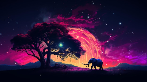Una collina di elefanti accanto a un albero di colore neon AI Generated Photo.