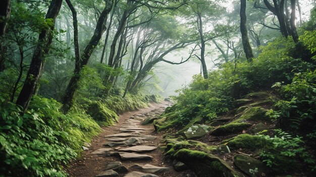 Una collina ricoperta da una fitta foresta con un sentiero escursionistico che si snoda tra gli alberi