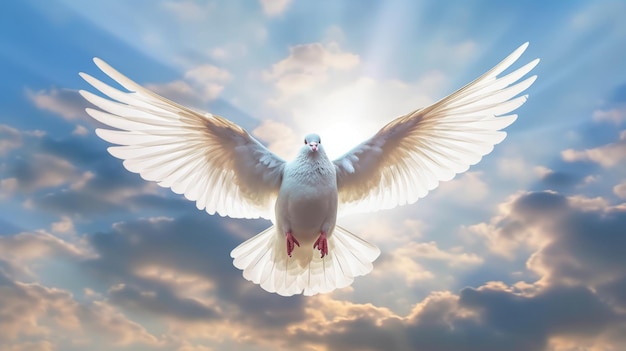 Una colomba bianca con le ali spalancate nell'aria del cielo blu con le nuvole