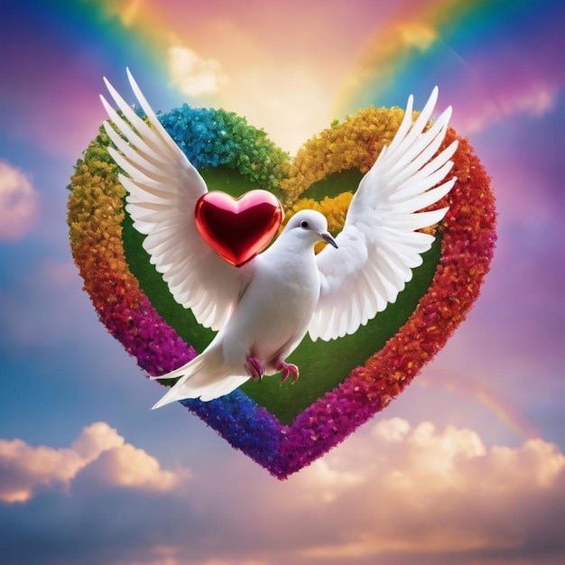 Una colomba bianca con un cuore nel becco su uno sfondo vibrante arcobaleno