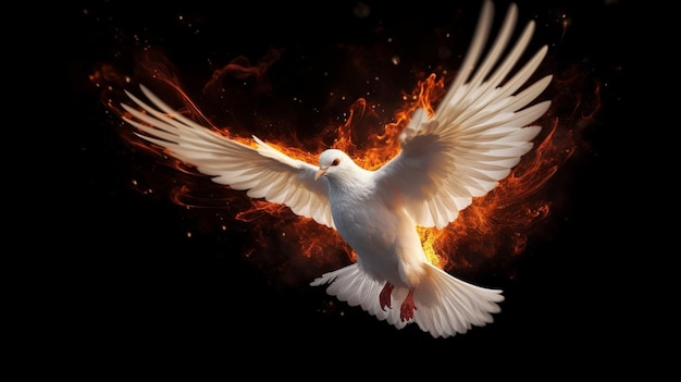 Una colomba bianca di fuoco su uno sfondo scuro simboleggia l'ai generativo