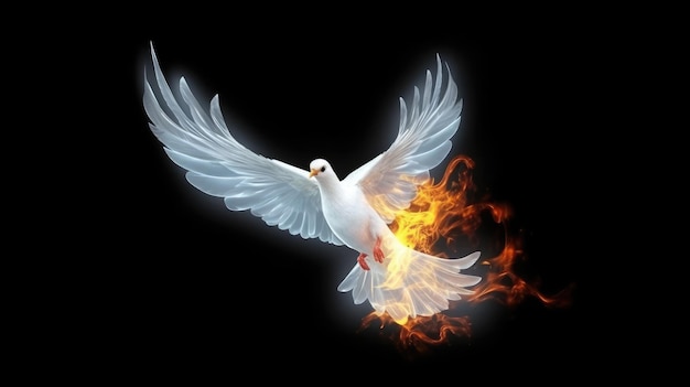 Una colomba bianca infuocata su sfondo scuro simboleggia la spiritualità della pace IA generativa