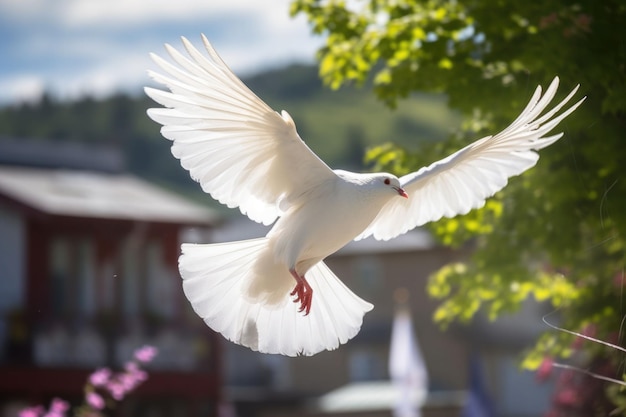 Una colomba bianca sta decollando Concetto di libertà e giornata internazionale della pace IA generativa