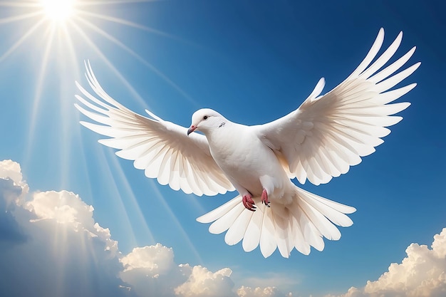 Una colomba bianca vola nel cielo sotto i leggeri raggi del sole.