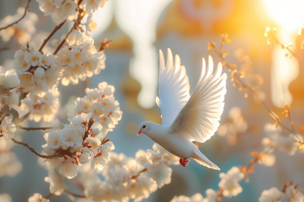 una colomba bianca vola nel cielo sotto i raggi del sole