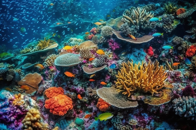 Una colorata barriera corallina con molti pesci e un pesce
