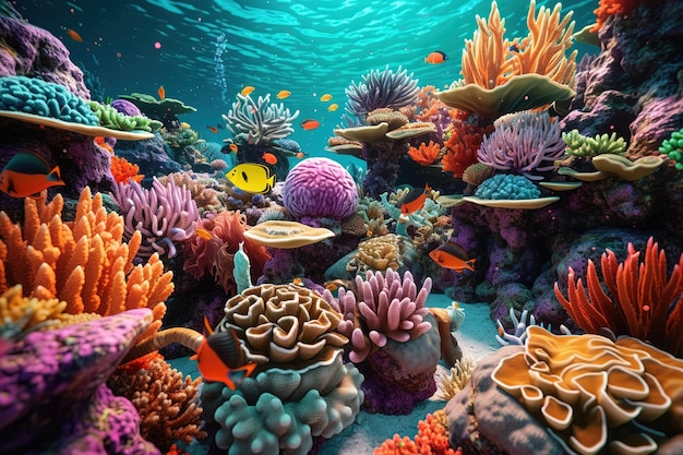 Una colorata barriera corallina con un pesce che nuota nell'acqua.