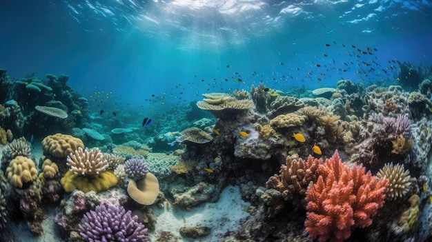 Una colorata barriera corallina con un pesce che nuota nell'oceano.