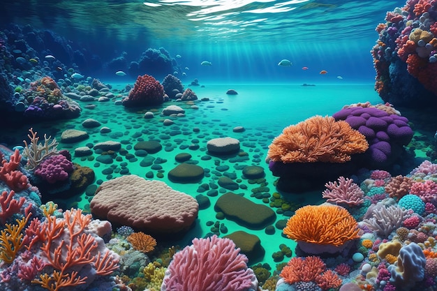 Una colorata barriera corallina con un pesce che nuota nell'oceano.