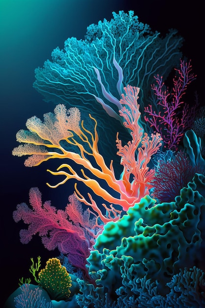 Una colorata barriera corallina con uno sfondo nero.