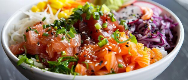 Una colorata ciotola con verdure fresche, tonno, salmone e guarnizioni