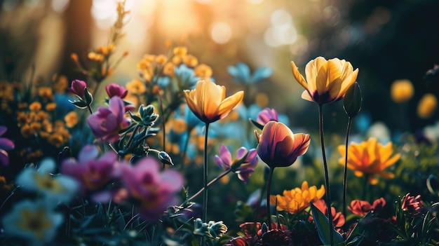 Una colorata collezione di fiori selvatici in un prato verde lussureggiante