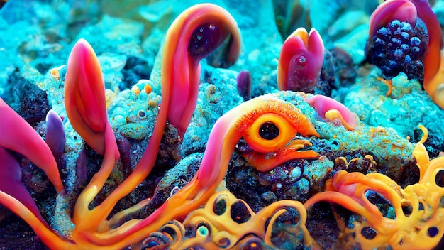 Una colorata creatura marina con un grande occhio e un grande occhio.