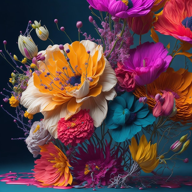 Una colorata disposizione di fiori con spruzzi di liquido