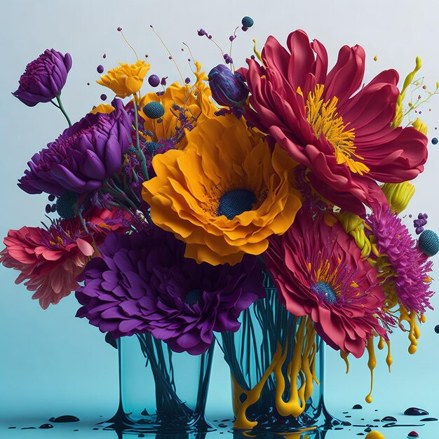 Una colorata disposizione di fiori con spruzzi di liquido