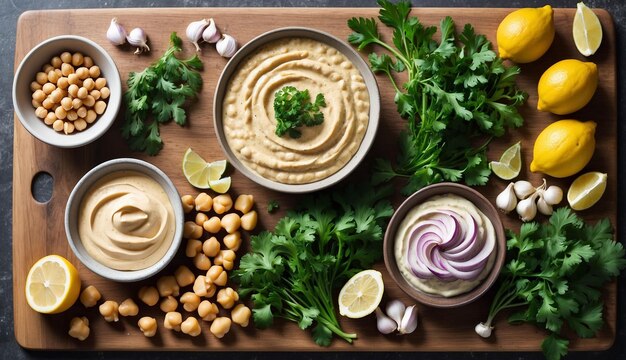 Una colorata disposizione di ingredienti freschi su una tavola da taglio in legno ceci aglio limone ta