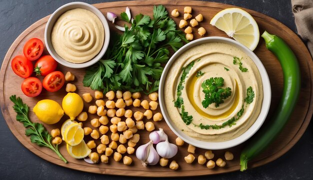 Una colorata disposizione di ingredienti freschi su una tavola da taglio in legno ceci aglio limone ta