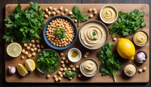 Una colorata disposizione di ingredienti freschi su una tavola da taglio in legno ceci aglio limone ta