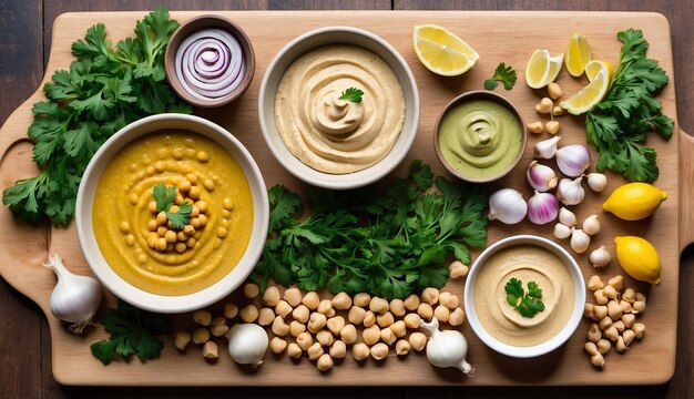 Una colorata disposizione di ingredienti freschi su una tavola da taglio in legno ceci aglio limone ta