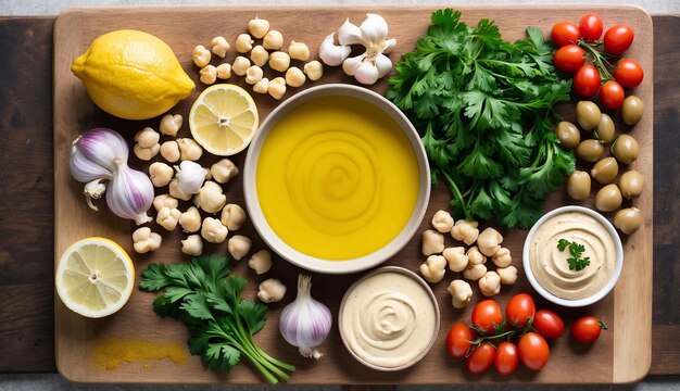 Una colorata disposizione di ingredienti freschi su una tavola da taglio in legno ceci aglio limone ta