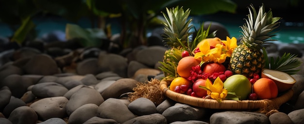 Una colorata esposizione di frutti tropicali estivi come ananas, mango e noce di cocco su uno sfondo