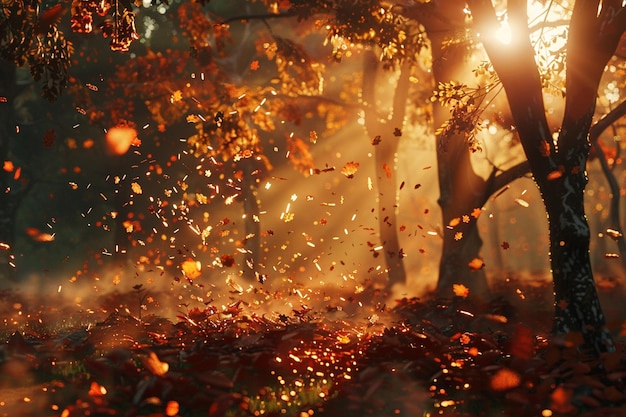 Una colorata foresta autunnale in fiamme con fogliame