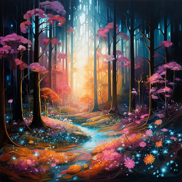 Una colorata foresta di un altro mondo con fiori luminosi