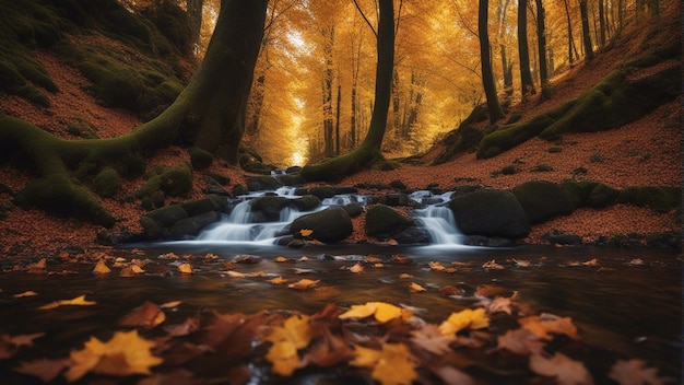 Una colorata maestosa cascata nella foresta del parco nazionale durante l'autunno