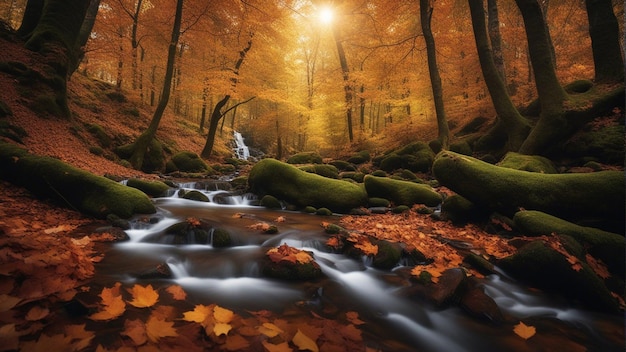 Una colorata maestosa cascata nella foresta del parco nazionale durante l'autunno