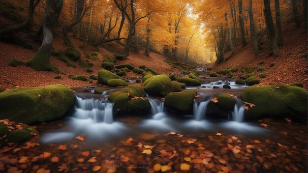 Una colorata maestosa cascata nella foresta del parco nazionale durante l'autunno