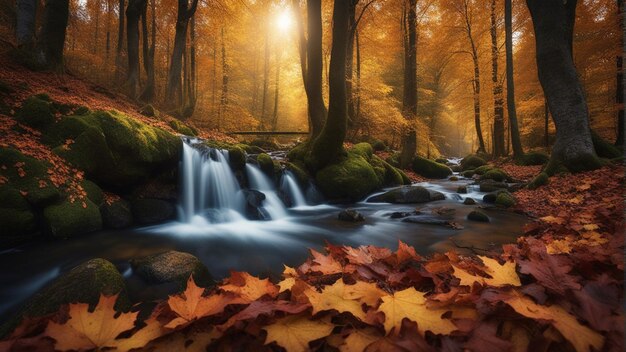 Una colorata maestosa cascata nella foresta del parco nazionale durante l'autunno